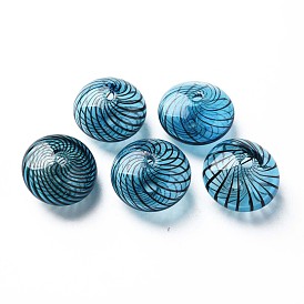 Transparent Handmade Blown Glass Globe Beads, Stripe Pattern, Flat Round