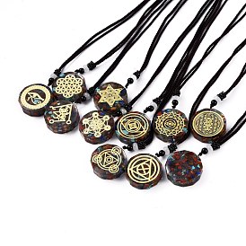 Colliers de chakra orgonite, colliers pendants, avec puce de pierre naturelle, Fil de nylon, Accessoires en laiton, plat rond