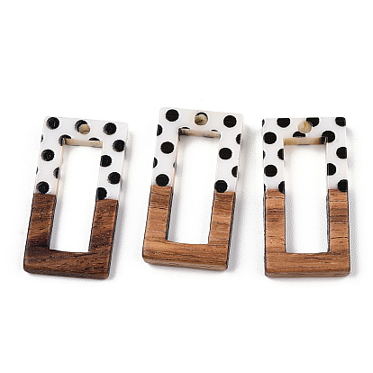 Printed Opaque Resin & Walnut Wood Pendants, Hollow Rectangle Charm with Polka Dot Pattern