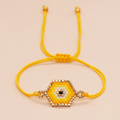Hexagon with Evil Eye Glass Seed Braided Bead Bracelet for Women
