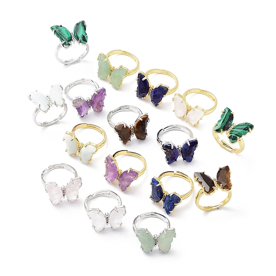Anillos ajustables de mariposa de piedras preciosas mixtas naturales y sintéticas, joyas de latón para mujer, sin plomo y cadmio