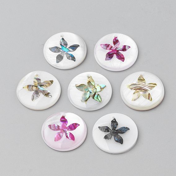 Freshwater Shell Pendants, Covered with Iron Findings, Flat Round with Flower