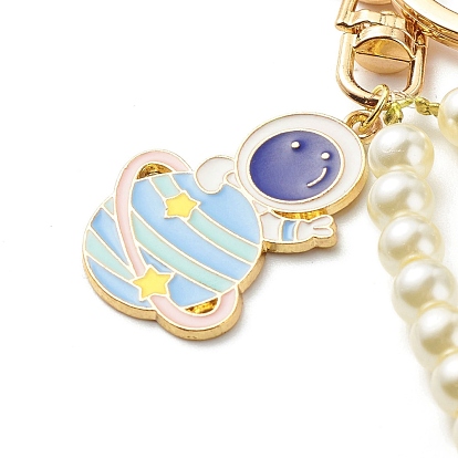 Porte-clés pendentif spaceman en alliage émail, porte-clés en perles d'imitation à base de verre, avec fermoir porte-clés en alliage et fer