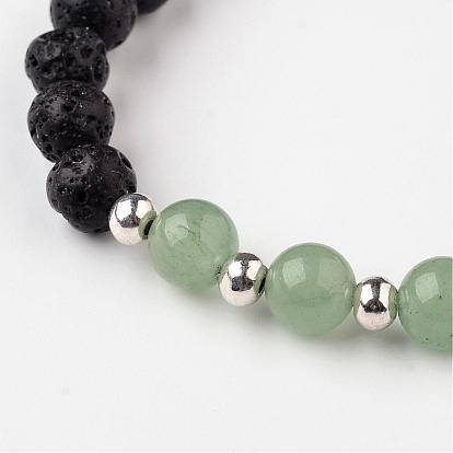 Bracelets extensibles perlés en pierre de lave naturelle, avec des perles de pierres précieuses et de perles en alliage de style tibétain, 55mm