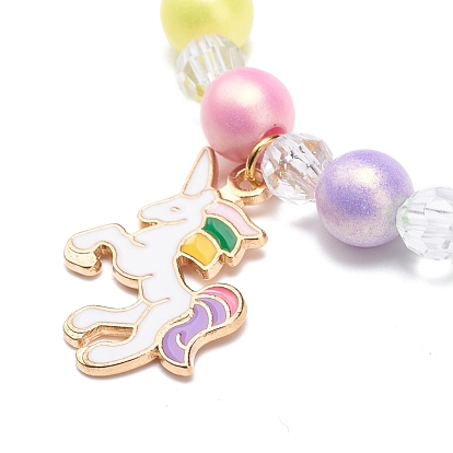 6 Ensembles de bracelets extensibles en perles acryliques, bracelets enfant pour filles, avec des pendantifs en alliage d'émail, perles d'imitation en plastique ABS et fil de cristal élastique