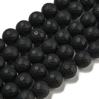 Natural Black Agate Beads Strands, Faceted Round, Dyed & Heated, Frosted