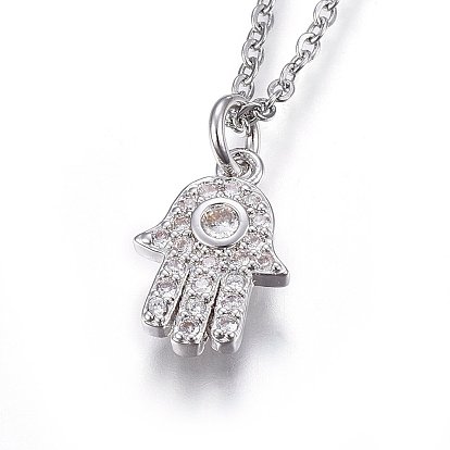 304 Stainless Steel Pendant Necklaces, with Cubic Zirconia, Hamsa Hand, Clear