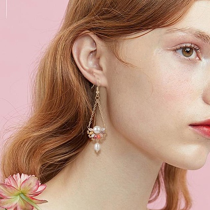 Natural Pearl & Glass Teardrop with Flower Dangle Earrings, Golden Brass Jewelry for Women