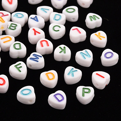 Opaque White Acrylic Beads, Horizontal Hole, Heart with Mixed Color Random Letters