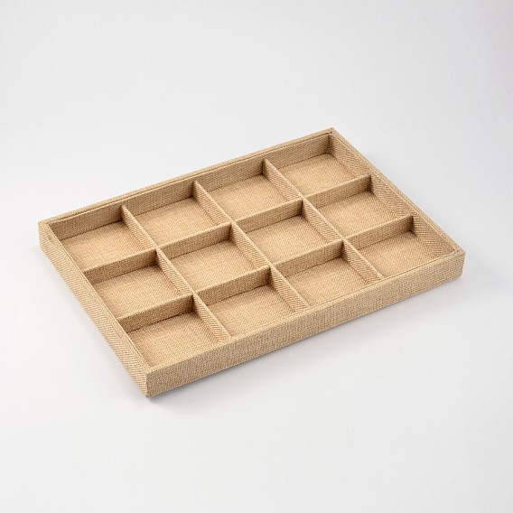 Boîtes en bois rectangle pesentation, recouvert de toile de chanvre, 12 compartiments, 24x35x3 cm
