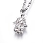 304 Stainless Steel Pendant Necklaces, with Cubic Zirconia, Hamsa Hand, Clear