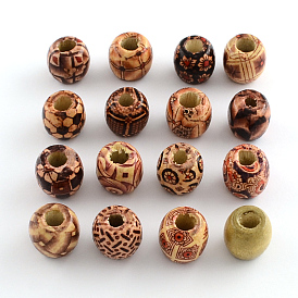 Perles de gros trous en bois naturel imprimé tonneau, perles de macramé, 16~17x15~16mm, Trou: 6~7mm, environ665 pcs / 1000 g