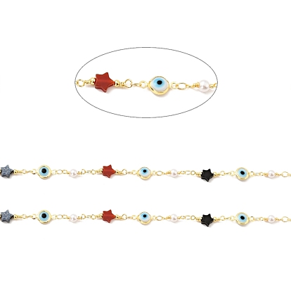 Rack Plating Brass Flat Round Link Chains, with Natural Mixed Gemstone Star & Glass Evil Eye Beaded, Long-Lasting Plated, Soldered, with Spool, Cadmium Free & Lead Free