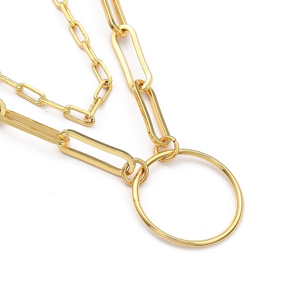Brass Paperclip Chain Double Layer Necklaces, with 304 Stainless Steel Toggle Clasps, Ring