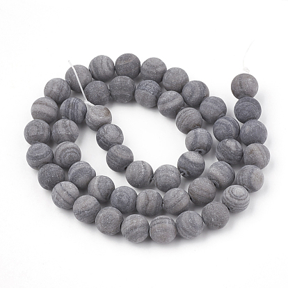Natural Black Wood Lace Stone Beads Strands, Frosted, Round
