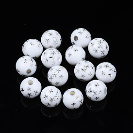 Perles acryliques blanches opaques de style artisanal, ronde avec des étoiles