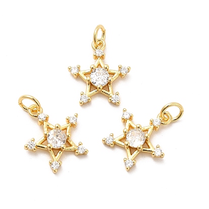 Rack Plating Brass Cubic Zirconia Pendants, Star Charms, Long-Lasting Plated, with Jump Rings, Cadmium Free & Lead Free