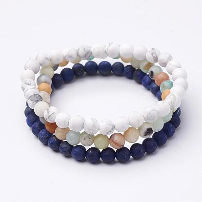 Bracelet extensible perles pierres précieuses mixte jeux, bracelets empilables, amazonite naturel, lapis-lazuli naturel (teint et chauffé) et howlite, givré