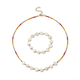 Collier et bracelet extensible en perles de verre et cœur de coquillage naturel, ensemble de bijoux pour femmes