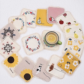 DIY Square Coaster Embroidery Starter Kit, including Fabric, Fabric Fabric, Polyester Ribbon, Cotton Threads, Iron Needle, Flower/Fruit/Cat Pattern