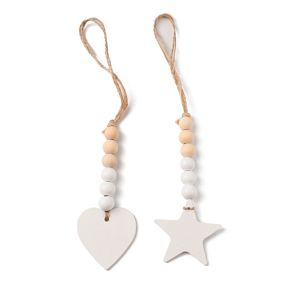 Décorations de pendentif en bois de noël, avec cordon de jute, coeur / étoile