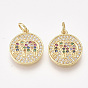 Brass Micro Pave Cubic Zirconia Pendants, Flat Round with Elephant, Golden