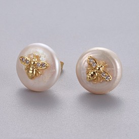 Boucles d'oreilles perle naturelle, avec accessoires zircon cubique micro pave en laiton, plat rond avec des abeilles, plaqué longue durée, avec des noix de l'oreille
