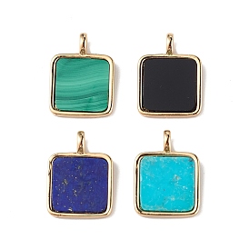 Natural Gemstone Pendants, Square Charms with Rack Plating Brass Findings, Lead Free & Cadmium Free