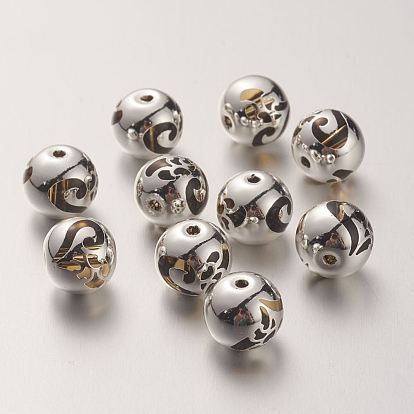 K9 Glass Beads, Covered with Brass, Round with Heart Pattern