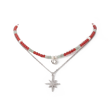 2 pcs 2 ensemble de colliers pendentif étoile en zircone cubique claire de style, colliers empilables de perles d'agate rouge naturelle et d'aventurine verte et de perles pour femmes