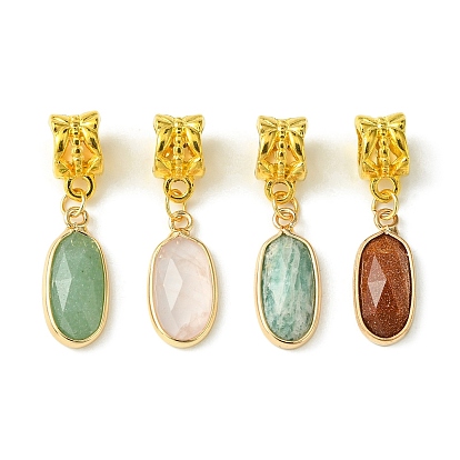 Mixed Gemstone European Dangle Charms, Golden Plated Brass Large Hole Faceted Oval Pendant