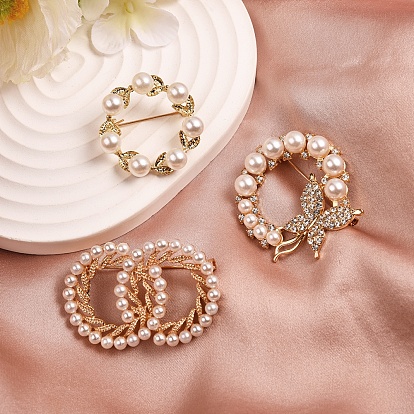 4Pcs 4 Style Butterfly & Leaf Plastic Imitation Pearl Beads Brooch, with Alloy Findings