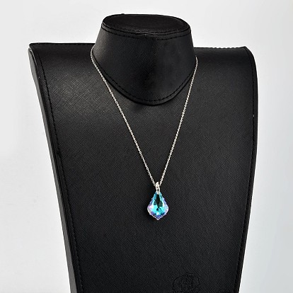 Teardrop AB Color Plated Electroplate Glass Pendant Necklaces, with Platinum Tone Brass Cable Chains, 17.9 inch