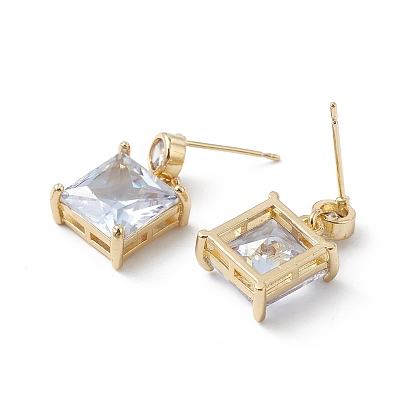 Clear Cubic Zirconia Square Dangle Stud Earrings, Brass Jewelry for Women, Cadmium Free & Lead Free