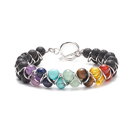 Bracelet en perles de chakra de pierres précieuses naturelles et synthétiques mélangées, bracelet double couche enveloppé de fil de laiton pour femme