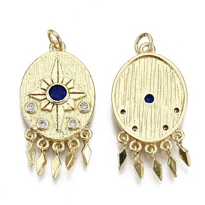 Brass Micro Pave Colorful Cubic Zirconia Pendants, with Jump Rings, Nickel Free, Oval with Star, with Rhombus Charms