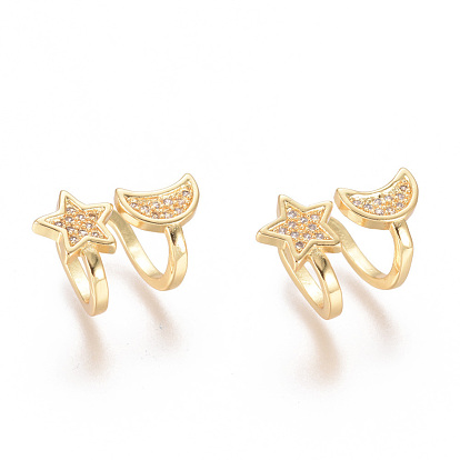 Golden Plated Brass Micro Pave Cubic Zirconia Cuff Earrings, Long-Lasting Plated, Star & Moon