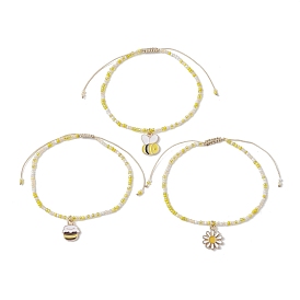 3Pcs 3 Style Bees & Flower Alloy Enamel Charm Bracelets Set, Glass Seed Beaded Stackable Bracelets