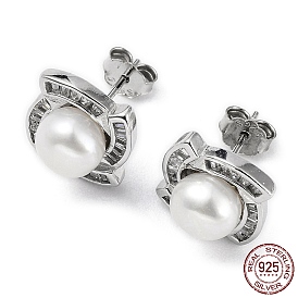 925 Sterling Silver Micro Pave Cubic Zirconia Vortex Stud Earrings for Women, Natural Pearls Beaded Earrings