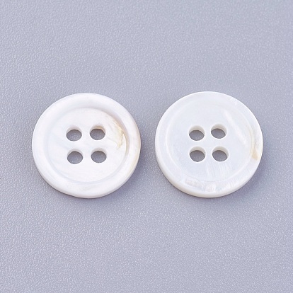 4-Hole Shell Buttons, Undyed, Flat Round