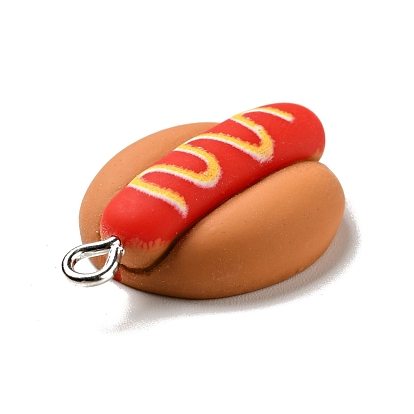 Pendentifs en résine opaque, charme de hot-dog, nourriture imitation, avec boucles en fer couleur platine