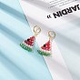 Glass Braided Beaded Watermelon Dangle Leverback Earrings, Brass Wire Wrap Jewelry for Women