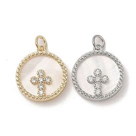 Brass Pendants Pave Shell, with Clear Cubic Zirconia, Round with Cross