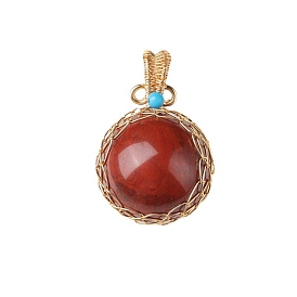 Natural Red Jasper Copper Wire Wrapped Pendants, Half Round Charms, Golden