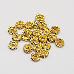 Flower Brass Rhinestone Bead Spacers, 4x2mm, Hole: 1mm