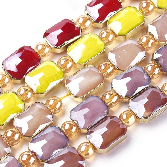 Opaque Glass Beads Strands, with Golden Tone Brass Findings, Pearl Luster Plated, Faceted, Rectangle