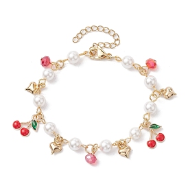 Glass Beads & Pearl Bead Bracelets, Cherry Alloy Enamel Charm Bracelets for Women