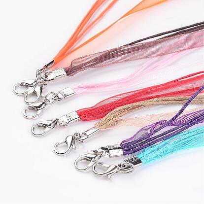 Jewelry Making Necklace Cord, Organza Ribbon & Waxed Cotton Cord & Iron Clasp, 430mm long, 6mm wide,  iron tail chain: 45x3.5mm, lobster clasps: 12x7mm