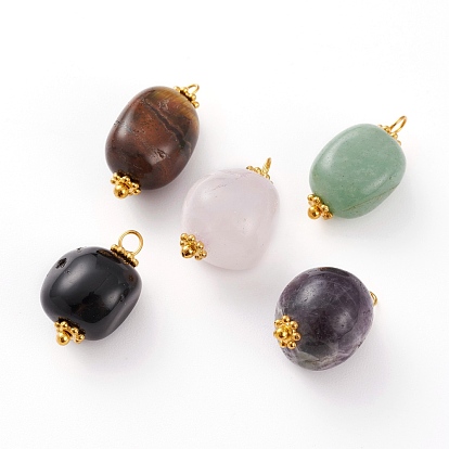 Pépites pendentifs de pierres précieuses mélangées naturelles, avec boucles en laiton et perles d'espacement en alliage, or