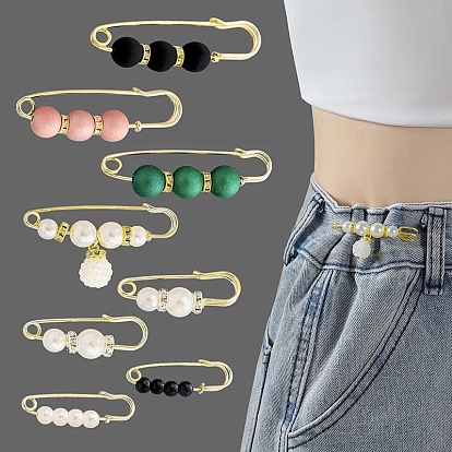 Imitation Pearl Safety Pin Brooches, Alloy Rhinestone Waist Pants Extender for Women, Golden